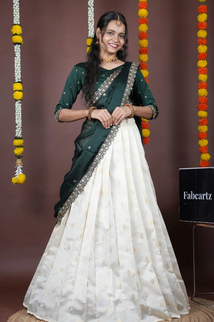 South Indian Festival Traditional Half Saree with Embroidered Blouse & Dupatta Ridhima - Image 39