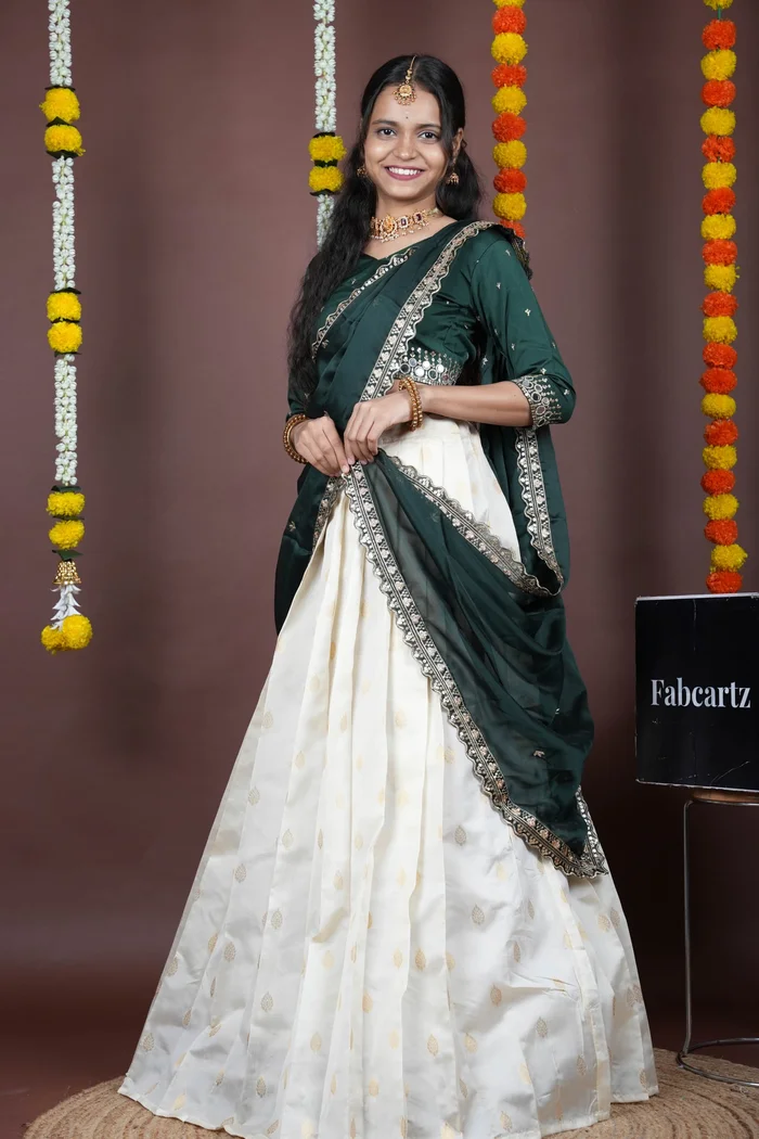 South Indian Festival Traditional Half Saree with Embroidered Blouse & Dupatta Ridhima - Image 5