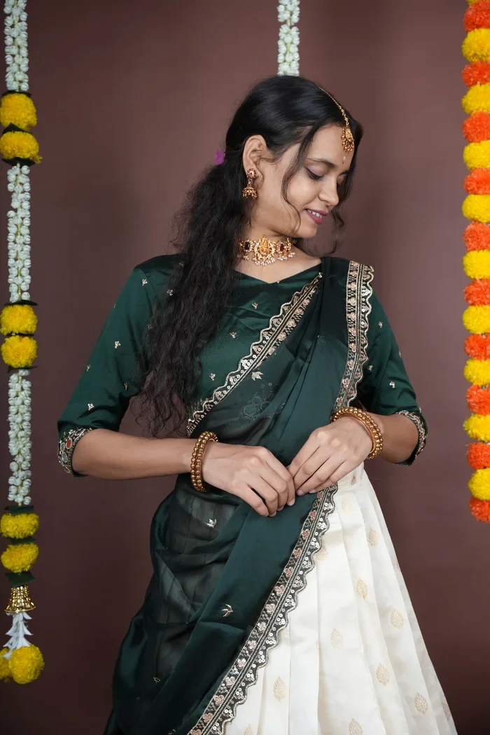 South Indian Festival Traditional Half Saree with Embroidered Blouse & Dupatta Ridhima - Image 8