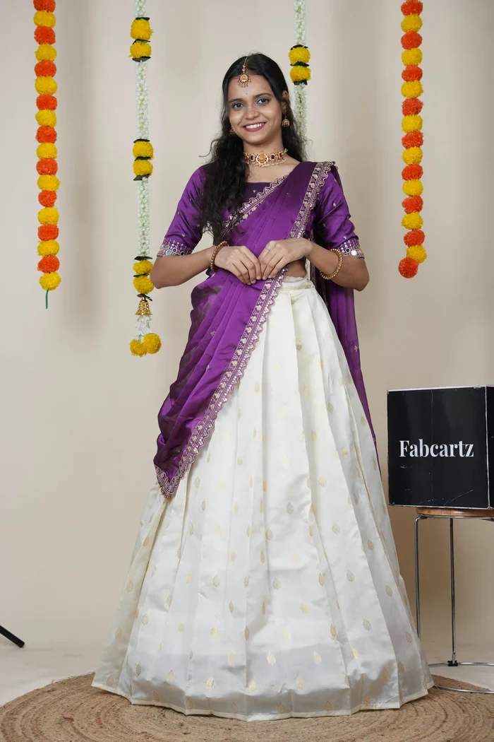 South Indian Festival Traditional Half Saree with Embroidered Blouse & Dupatta Ridhima - Image 9