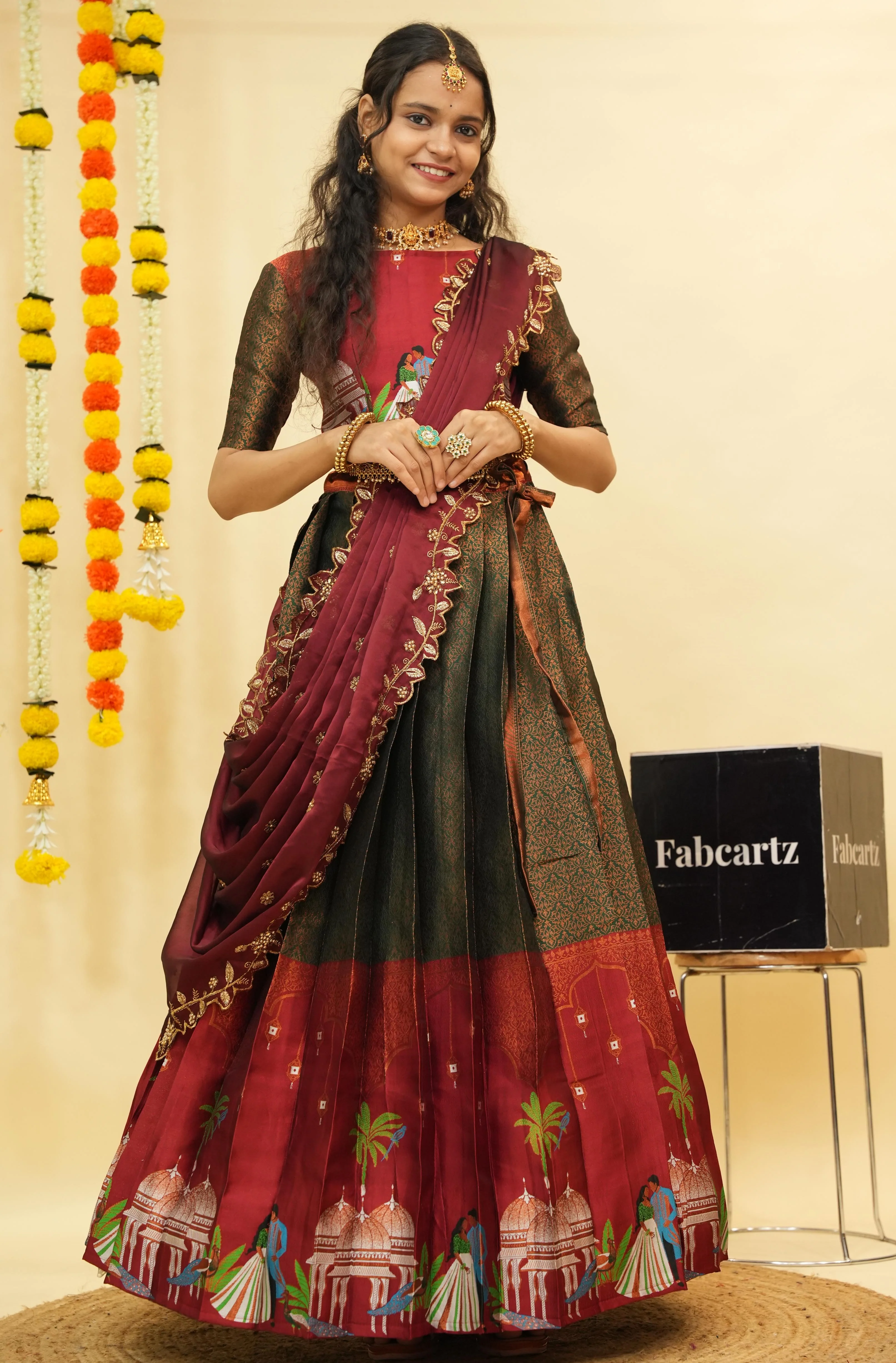 Women's Woven Design zari work Half Saree with Embroidered Blouse and Dupatta Taj Mahal - Image 11