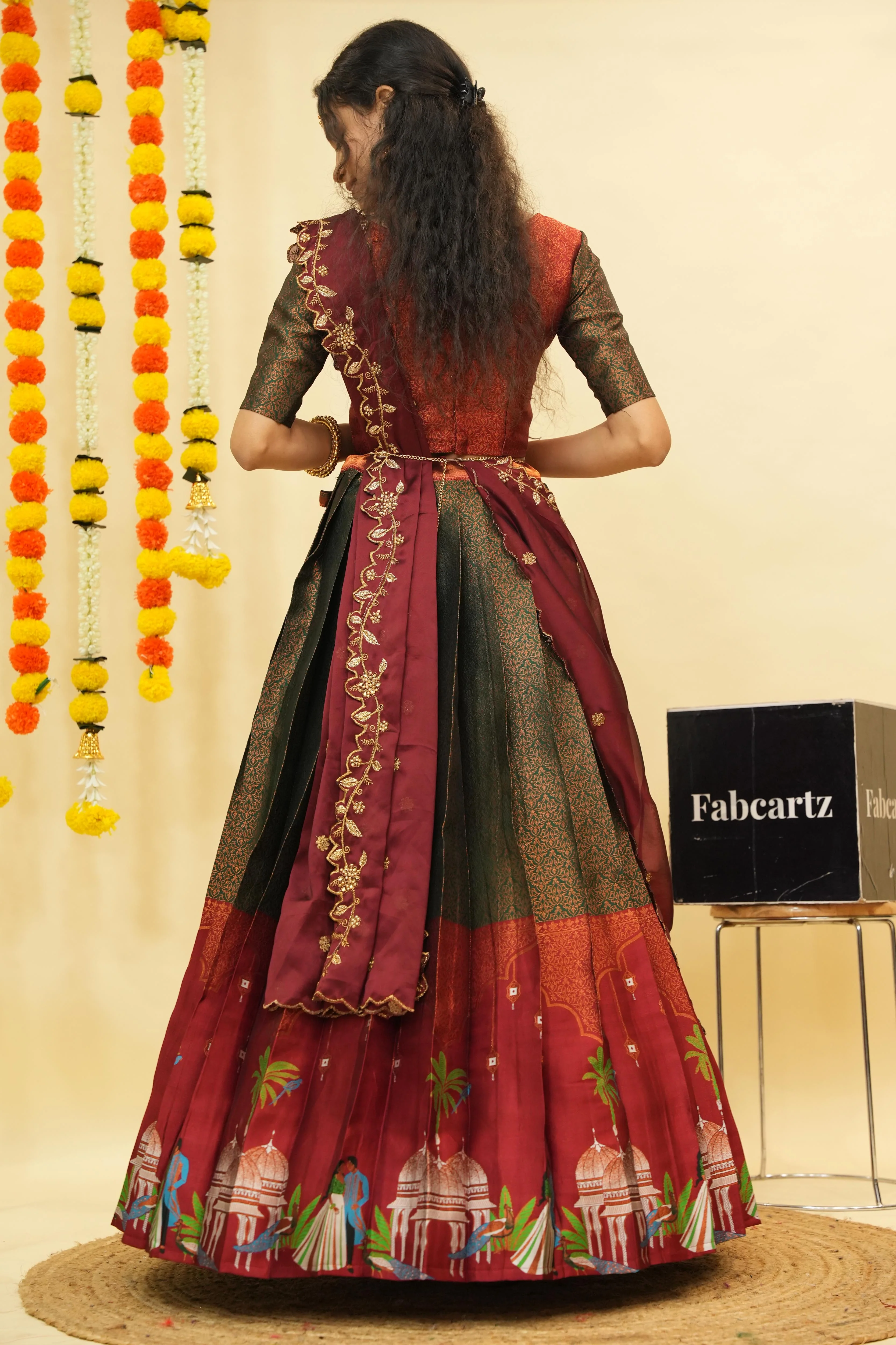 Women's Woven Design zari work Half Saree with Embroidered Blouse and Dupatta Taj Mahal - Image 12