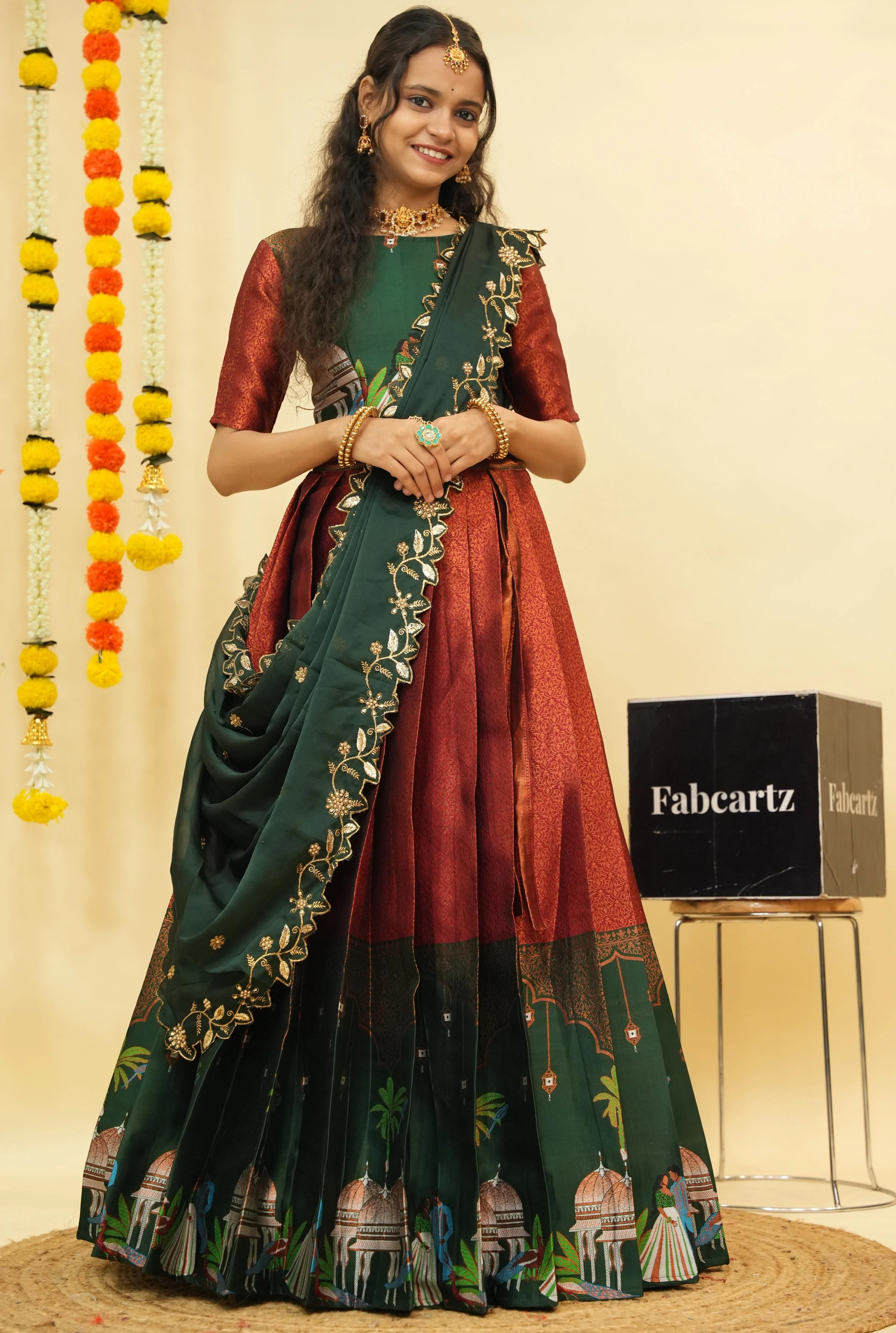 Women's Woven Design zari work Half Saree with Embroidered Blouse and Dupatta Taj Mahal - Image 25