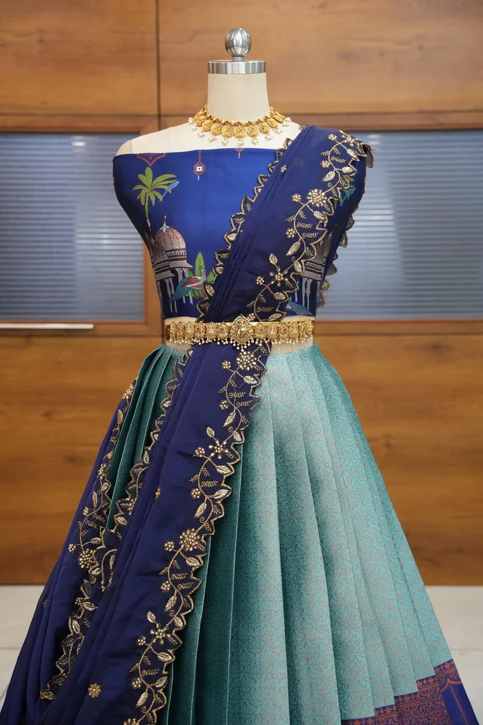 Women's Woven Design zari work Half Saree with Embroidered Blouse and Dupatta Taj Mahal - Image 17