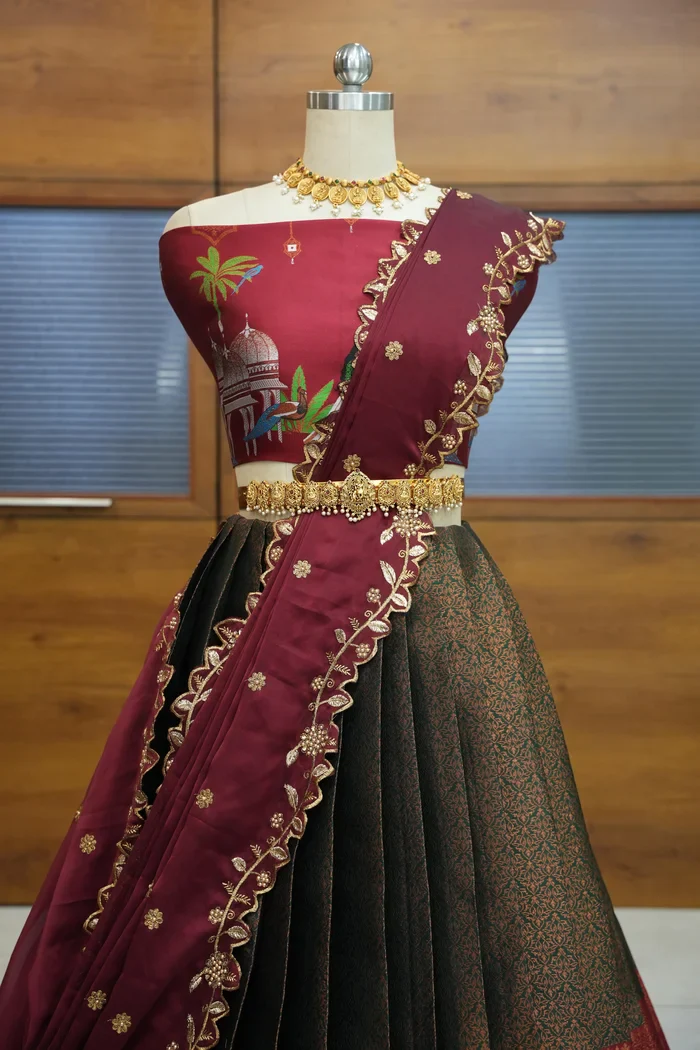 Women's Woven Design zari work Half Saree with Embroidered Blouse and Dupatta Taj Mahal - Image 6