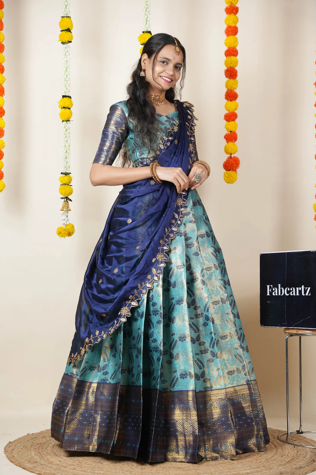 South Indian Festival Traditional Half Saree with Embroidered Blouse & Dupatta Udaya - Image 13