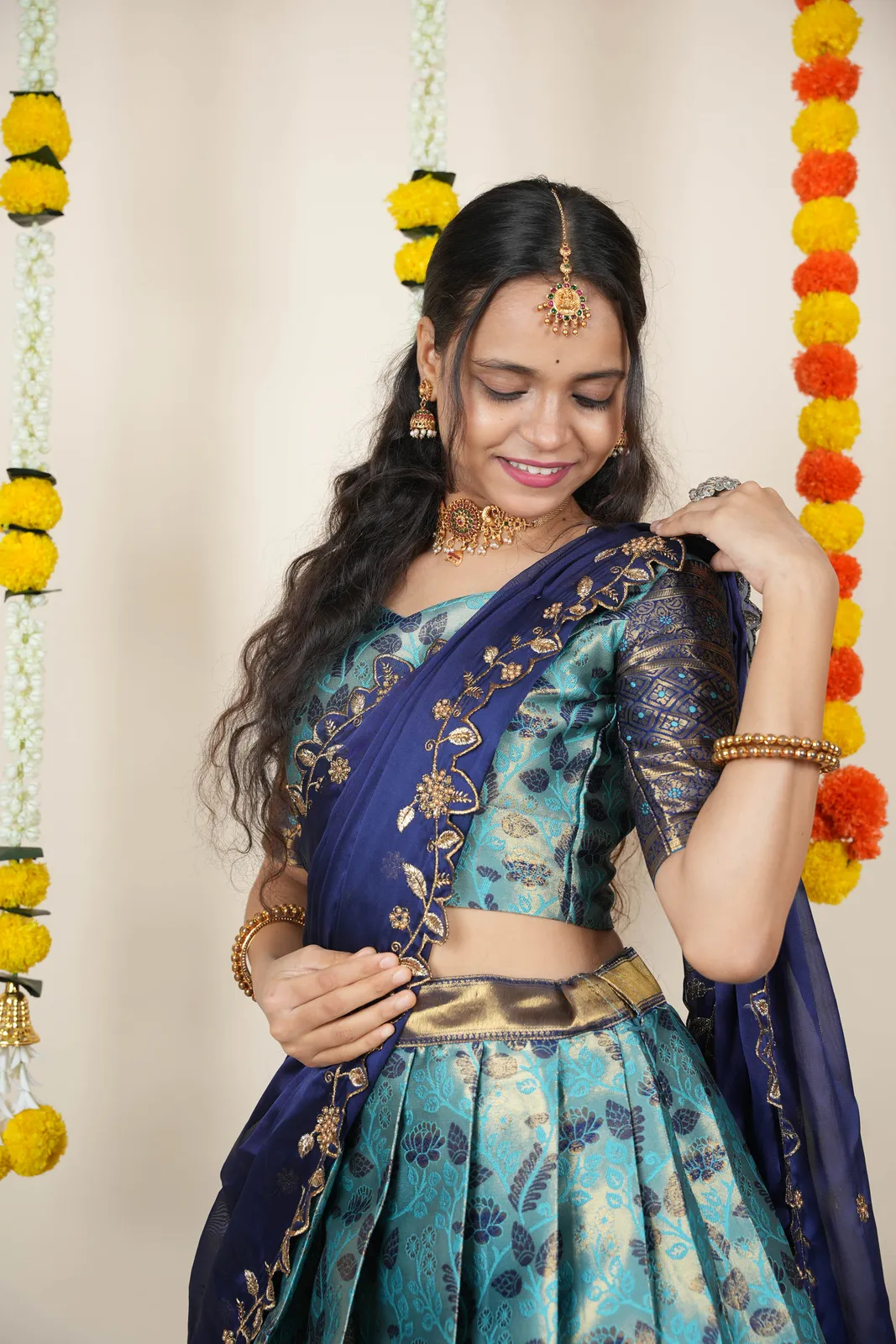 South Indian Festival Traditional Half Saree with Embroidered Blouse & Dupatta Udaya - Image 15