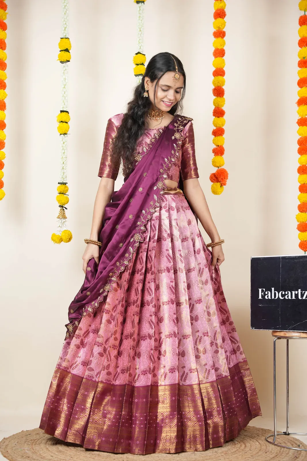 South Indian Festival Traditional Half Saree with Embroidered Blouse & Dupatta Udaya - Image 22