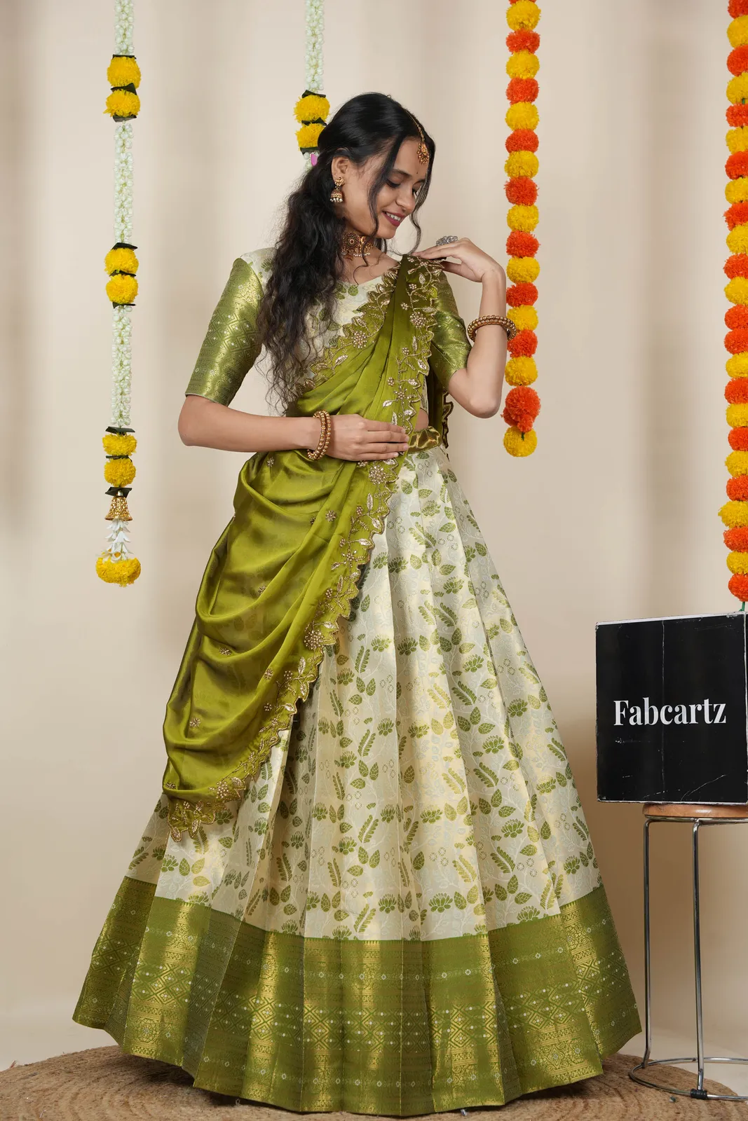 South Indian Festival Traditional Half Saree with Embroidered Blouse & Dupatta Udaya - Image 27