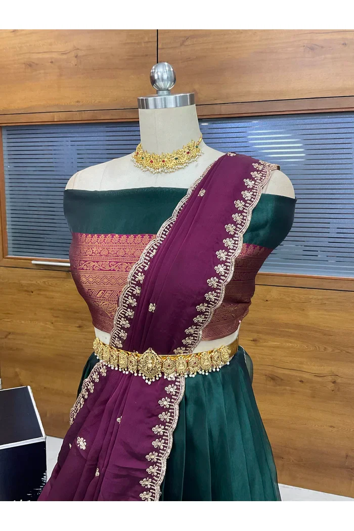Women's Woven Design zari work Half Saree with Embroidered Blouse and Dupatta Velprita - Image 3