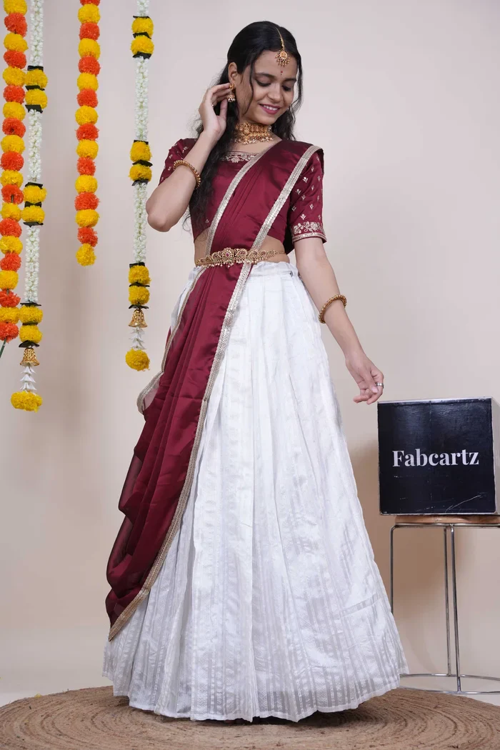 Women's Softy Silk zari work Half Saree with Embroidered Blouse and Dupatta Cotton Kiara - Image 16