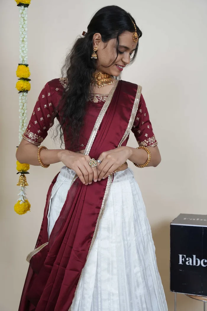 Women's Softy Silk zari work Half Saree with Embroidered Blouse and Dupatta Cotton Kiara - Image 18