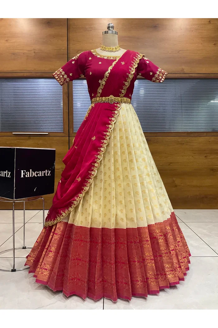 Women's Woven Design zari work Half Saree with Blouse and Rangoli Dupatta Rutuja - Image 63