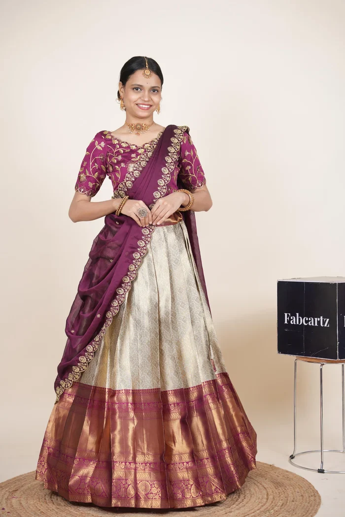 Women's Woven Design zari work Half Saree with Embroidered Blouse and Dupatta Keerthana Kv - Image 10