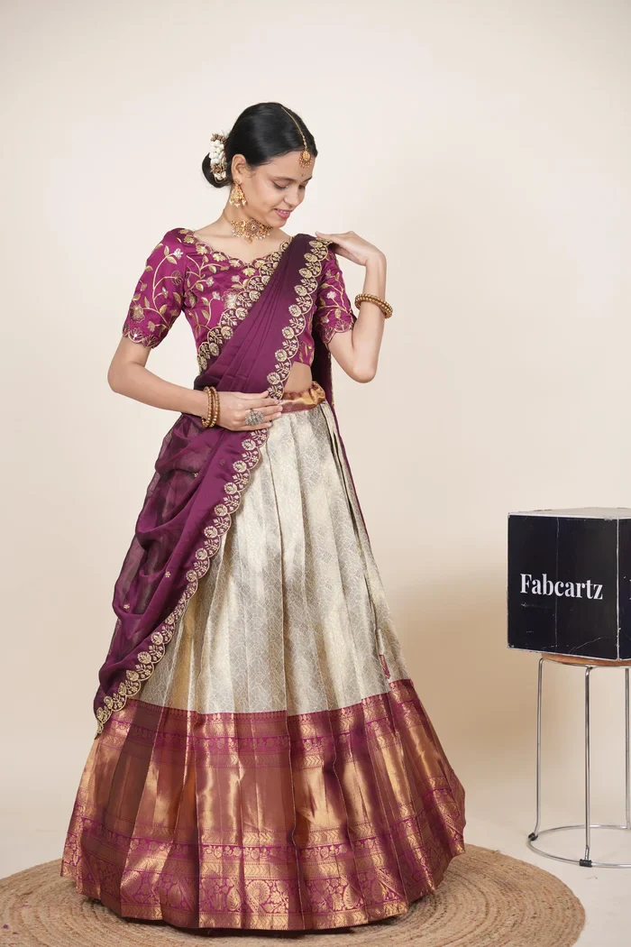 Women's Woven Design zari work Half Saree with Embroidered Blouse and Dupatta Keerthana Kv - Image 11