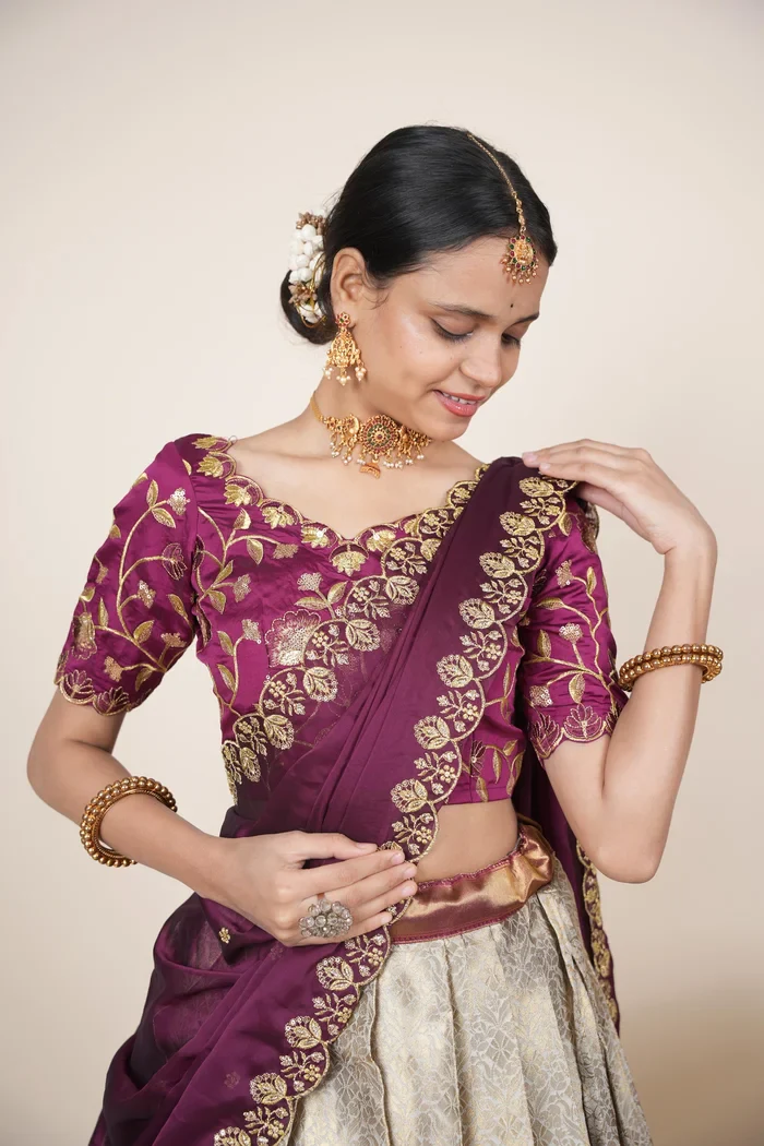 Women's Woven Design zari work Half Saree with Embroidered Blouse and Dupatta Keerthana Kv - Image 17