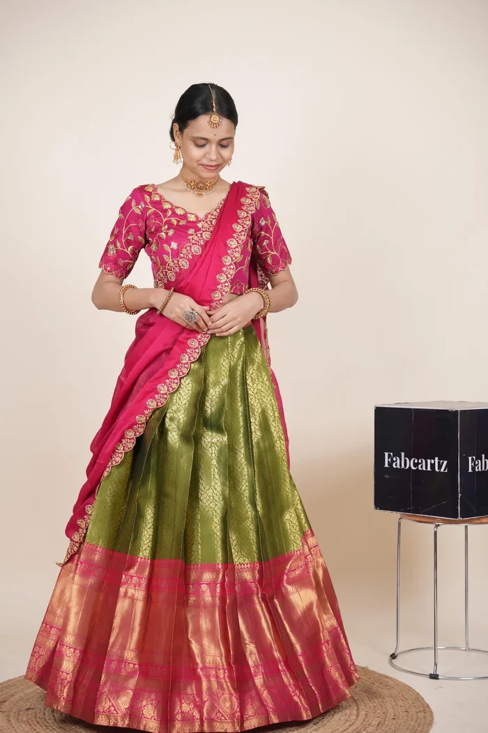 Women's Woven Design zari work Half Saree with Embroidered Blouse and Dupatta Keerthana Kv - Image 19