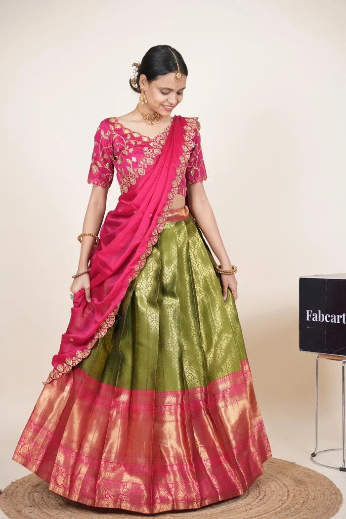 Women's Woven Design zari work Half Saree with Embroidered Blouse and Dupatta Keerthana Kv - Image 23