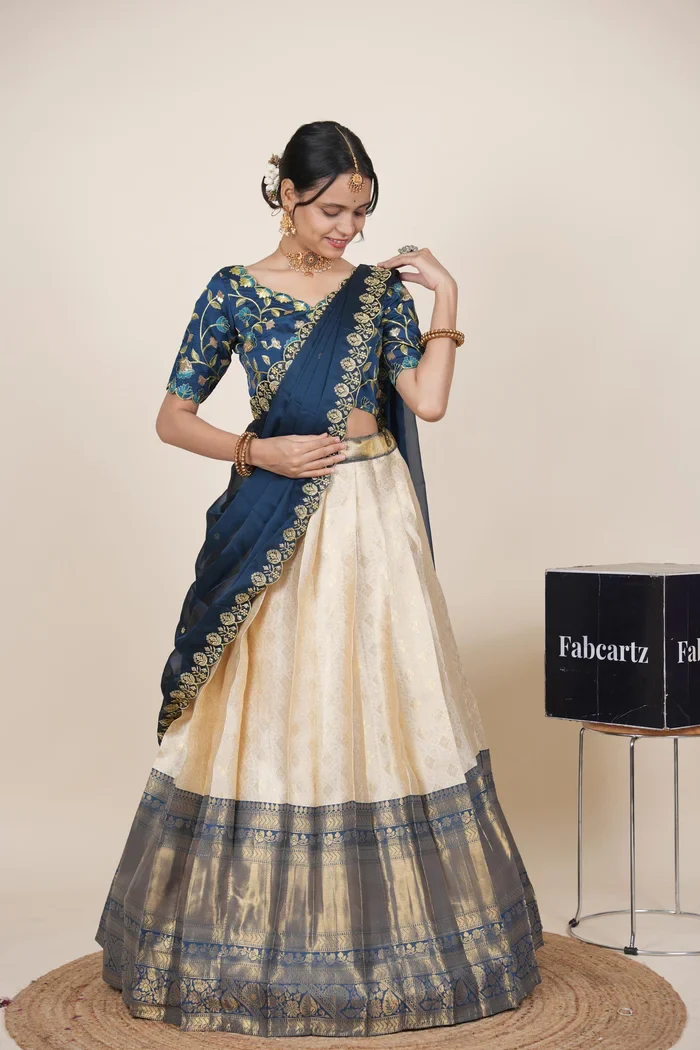 Women's Woven Design zari work Half Saree with Embroidered Blouse and Dupatta Keerthana Kv - Image 3