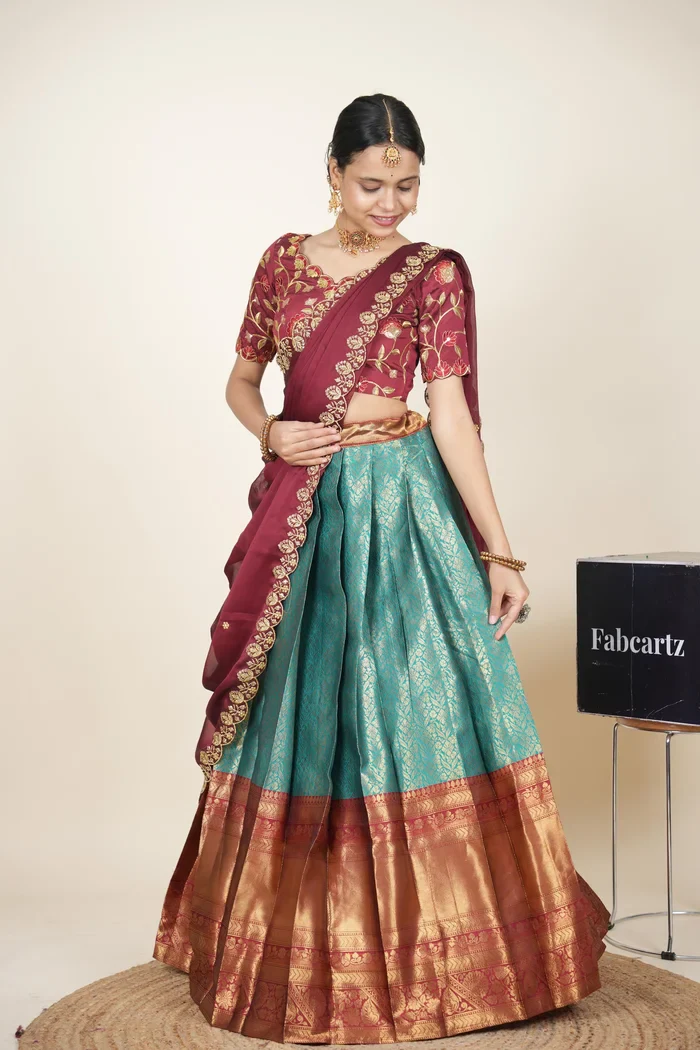 Women's Woven Design zari work Half Saree with Embroidered Blouse and Dupatta Keerthana Kv - Image 31