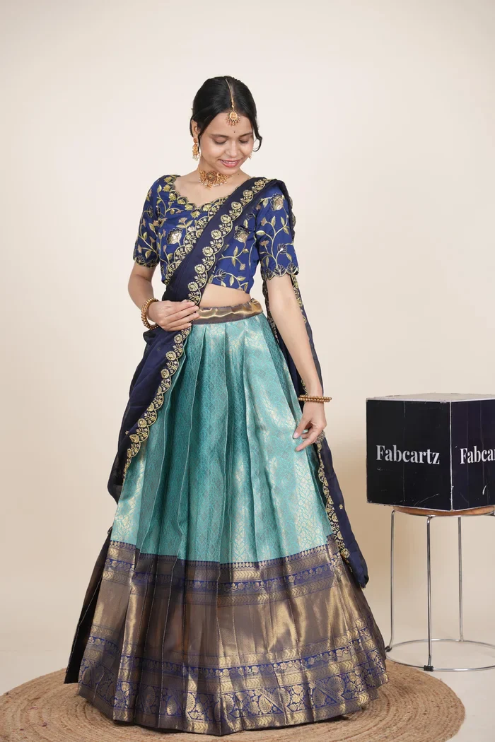 Women's Woven Design zari work Half Saree with Embroidered Blouse and Dupatta Keerthana Kv - Image 38