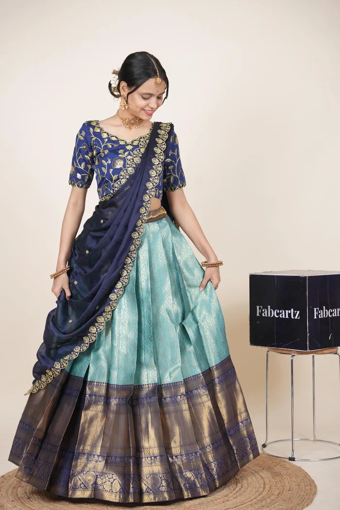 Women's Woven Design zari work Half Saree with Embroidered Blouse and Dupatta Keerthana Kv - Image 40