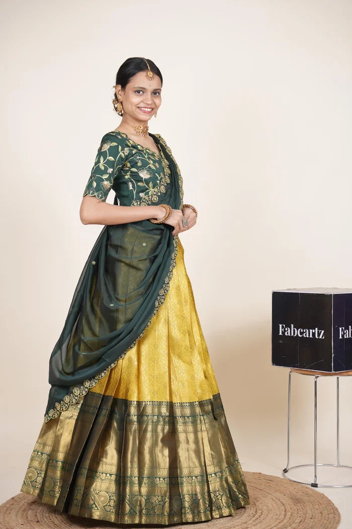 Women's Woven Design zari work Half Saree with Embroidered Blouse and Dupatta Keerthana Kv - Image 47