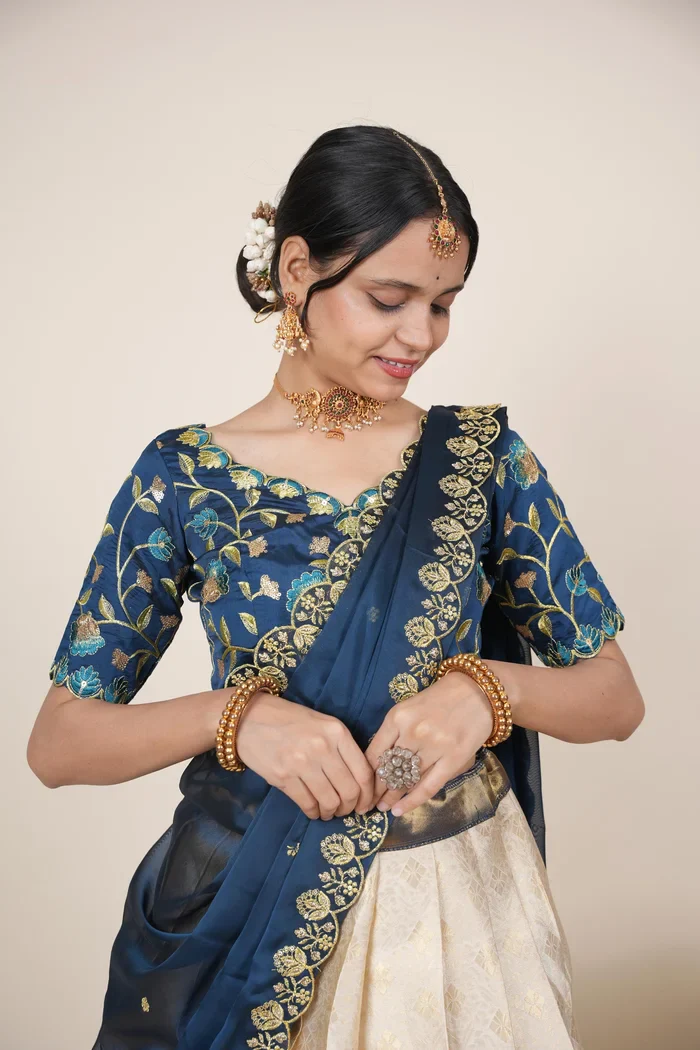 Women's Woven Design zari work Half Saree with Embroidered Blouse and Dupatta Keerthana Kv - Image 7