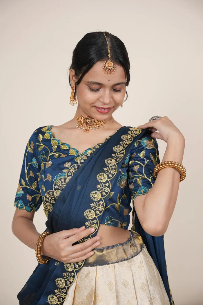 Women's Woven Design zari work Half Saree with Embroidered Blouse and Dupatta Keerthana Kv - Image 8