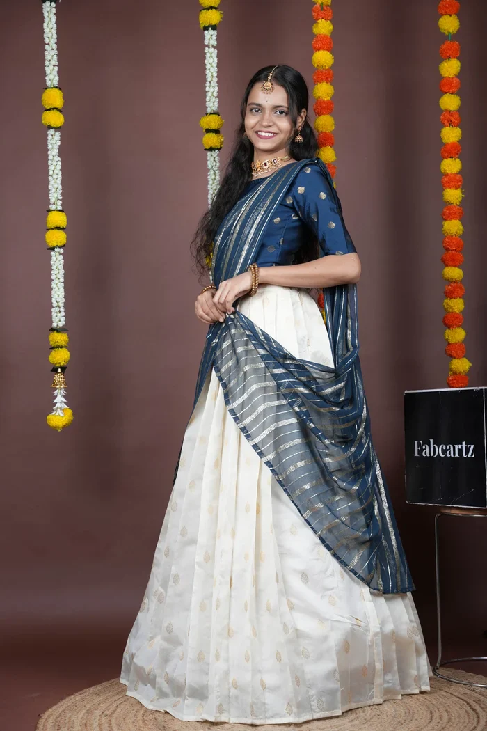 South Indian Festival Traditional Half Saree with Embroidered Blouse & Dupatta Yamuna KV - Image 17