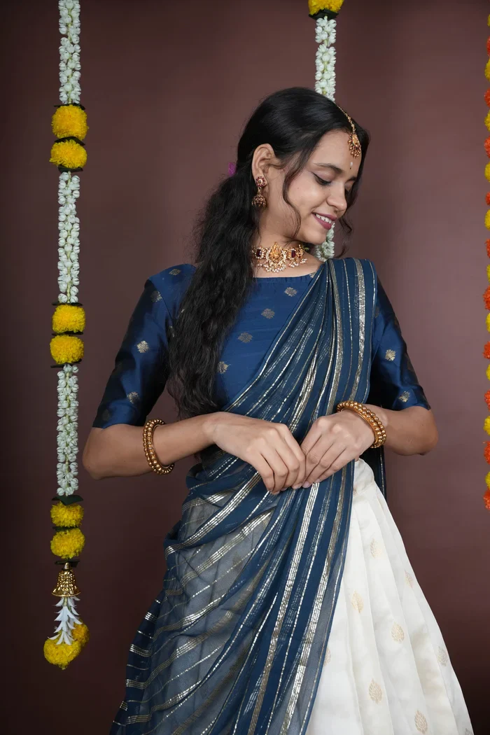 South Indian Festival Traditional Half Saree with Embroidered Blouse & Dupatta Yamuna KV - Image 18