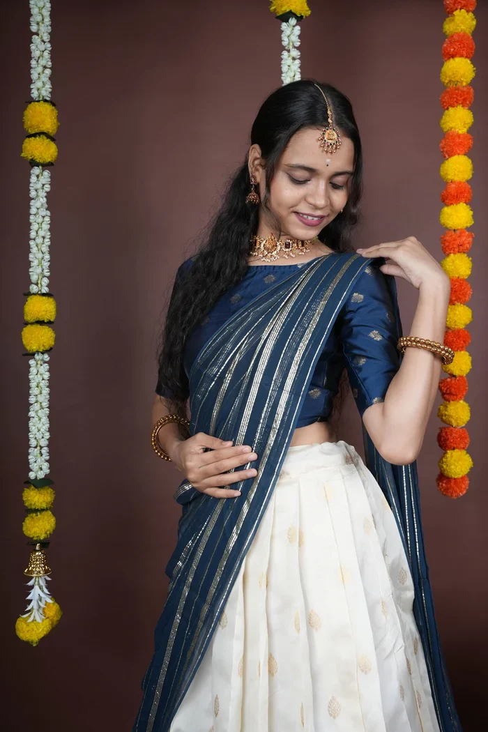 South Indian Festival Traditional Half Saree with Embroidered Blouse & Dupatta Yamuna KV - Image 19