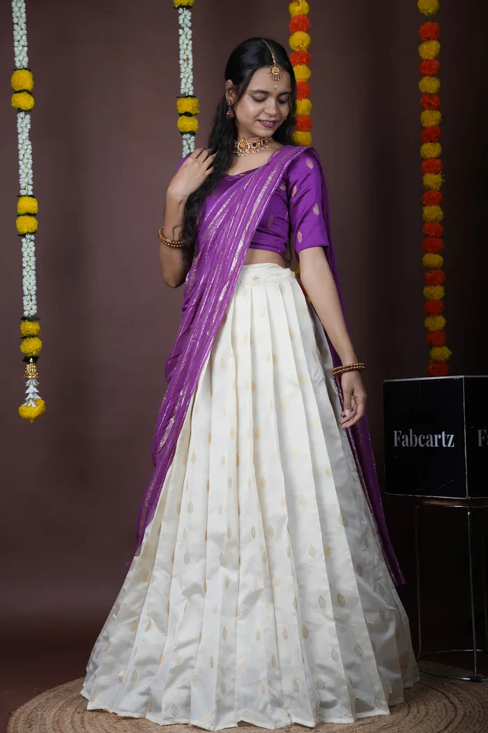 South Indian Festival Traditional Half Saree with Embroidered Blouse & Dupatta Yamuna KV - Image 4