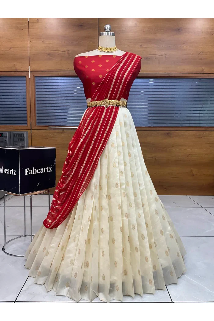 South Indian Festival Traditional Half Saree with Embroidered Blouse & Dupatta Yamuna - Image 10