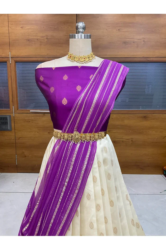South Indian Festival Traditional Half Saree with Embroidered Blouse & Dupatta Yamuna - Image 2